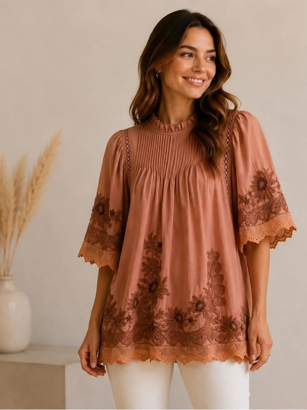 SEA New York Dusty Rose Embroidered Boho Blouse Puff Sleeve Top Size 4 NWOT